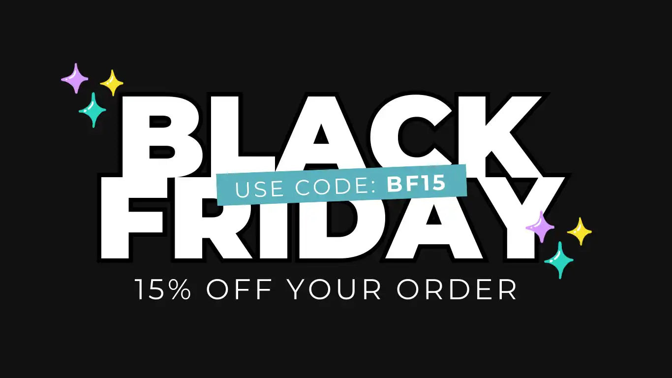 Black Friday promotional banner with a 15% discount code BF15 and sparkle decorations.