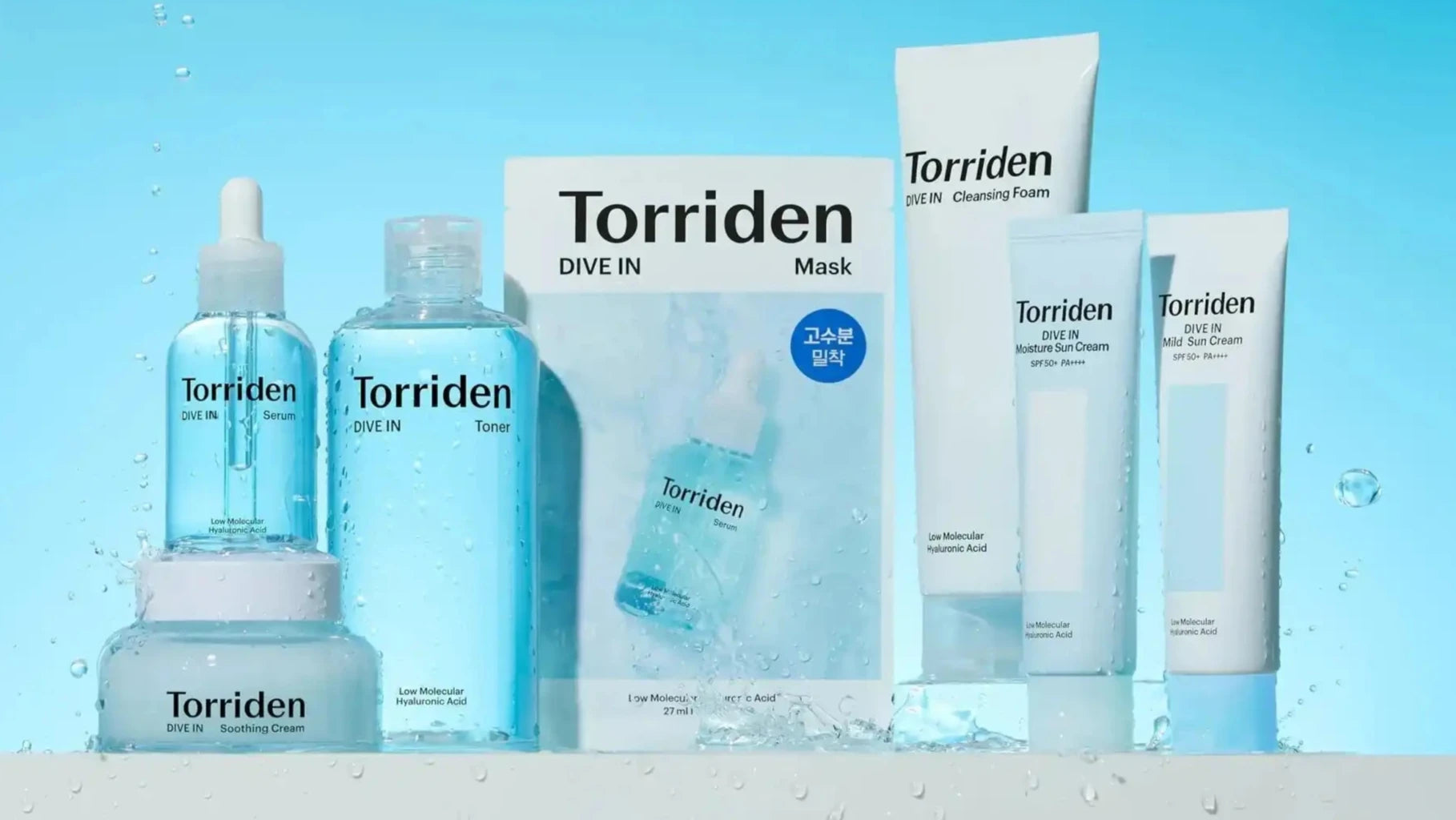 Collection of Torriden skincare products in white and blue packaging.